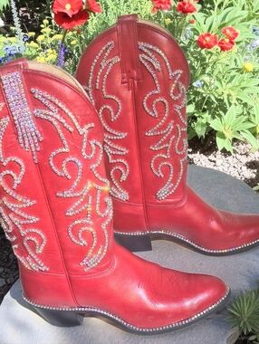 Women's Red Leather Rhinestone Embellished Cowboy Boots 9.5M One Of A Kind